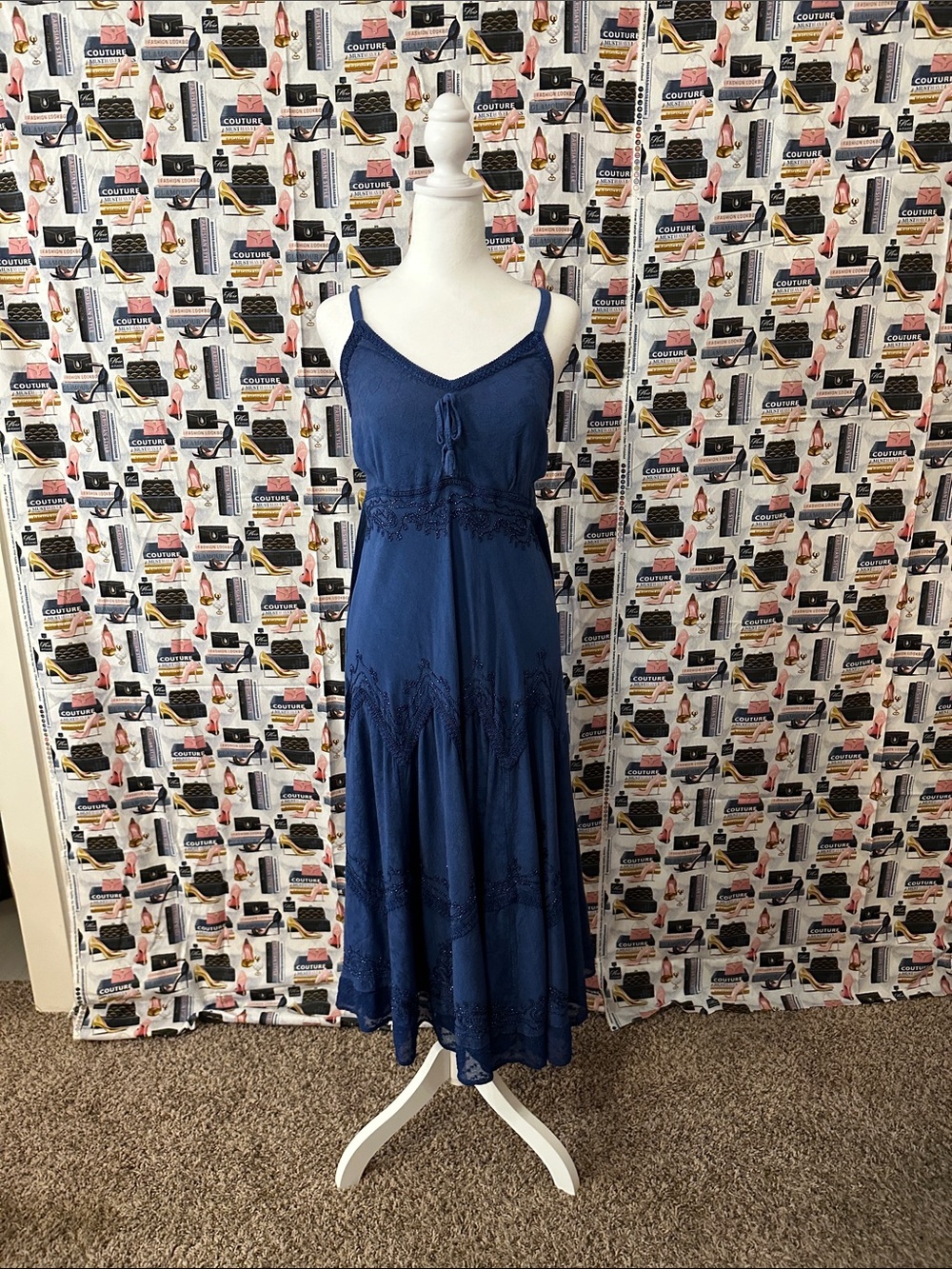 Sakkas Navy Spaghetti-Strap Lace-Trim Maxi Dress